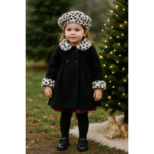 Sophie Rose Black Felt Pea Coat w/ Snow Leopard Faux Fur Collar & Cuffs Girls 3T